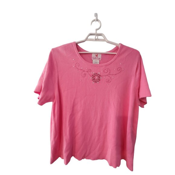 Quacker Factory sweater womens 3X pink rhinestone snowflake holiday short sleeve - Picture 1 of 4